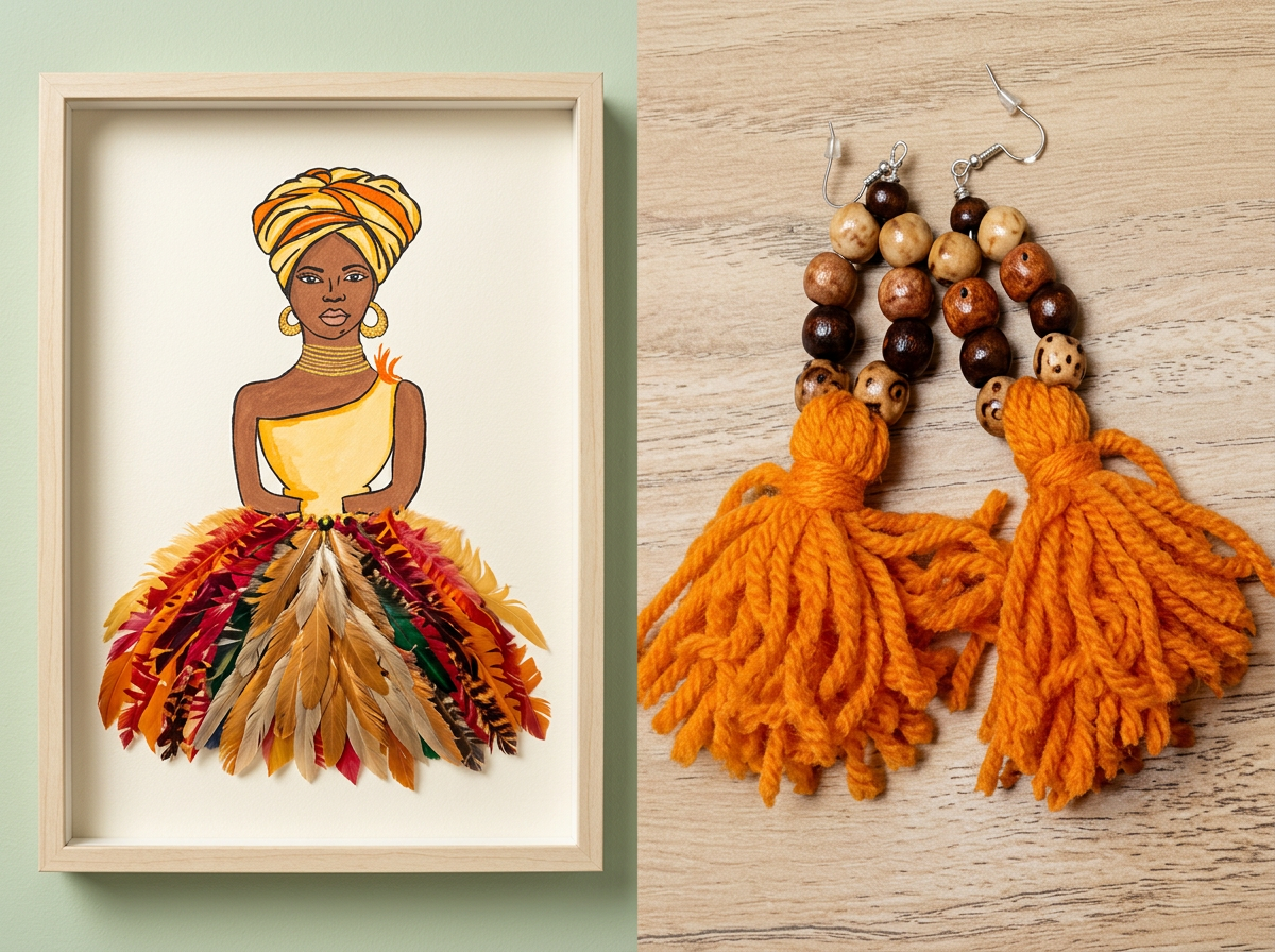 Handcrafted beaded jewelry arranged with paintbrushes and a colorful canvas